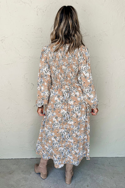 Women's Floral Smocked Midi Dress with Puff Sleeves in Khaki