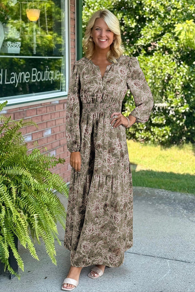 Women's Floral Smocked Waist Maxi Dress in Moss Green