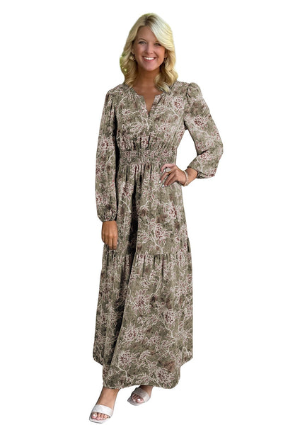 Women's Floral Smocked Waist Maxi Dress in Moss Green