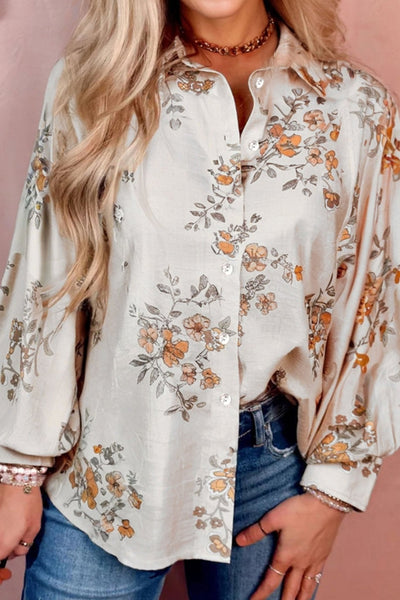Women's Floral Viscose Blend Button-Down Blouse in Apricot