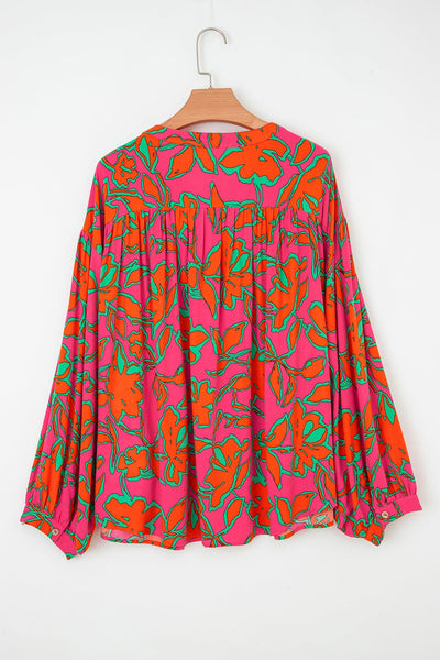 Women's Floral Viscose Button-Up Blouse with Balloon Sleeves