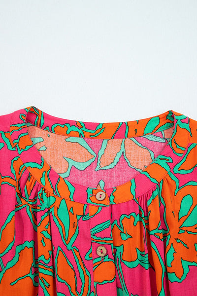 Women's Floral Viscose Button-Up Blouse with Balloon Sleeves