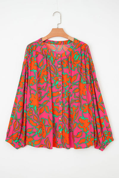 Women's Floral Viscose Button-Up Blouse with Balloon Sleeves