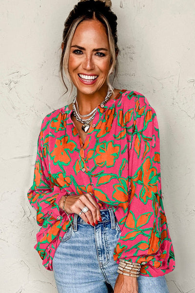 Women's Floral Viscose Button-Up Blouse with Balloon Sleeves