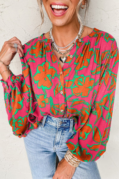 Women's Floral Viscose Button-Up Blouse with Balloon Sleeves