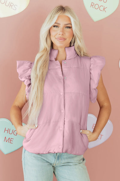 Women's Flutter Sleeve Lightweight Pink Puffer Vest