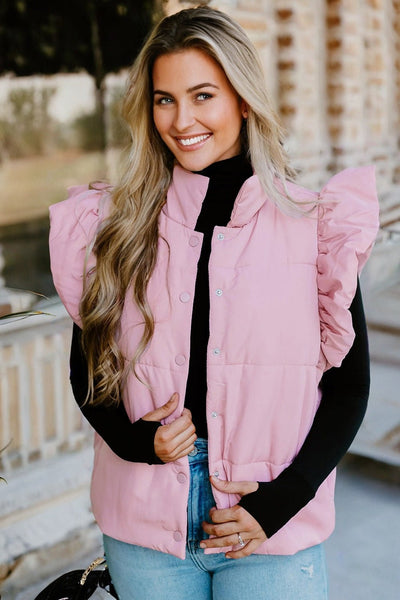 Women's Flutter Sleeve Lightweight Pink Puffer Vest