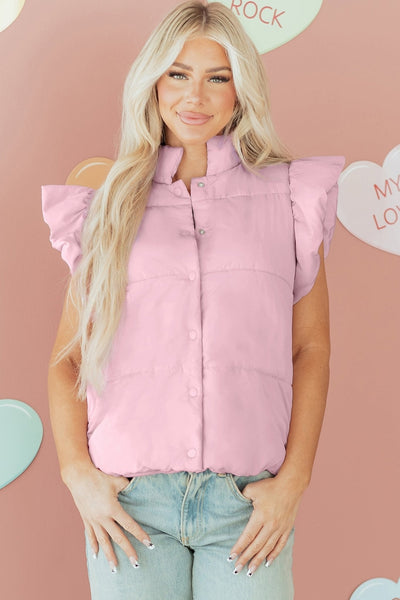 Women's Flutter Sleeve Lightweight Pink Puffer Vest