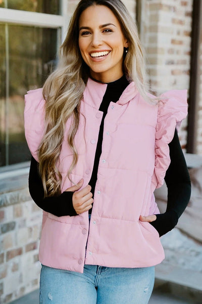 Women's Flutter Sleeve Lightweight Pink Puffer Vest