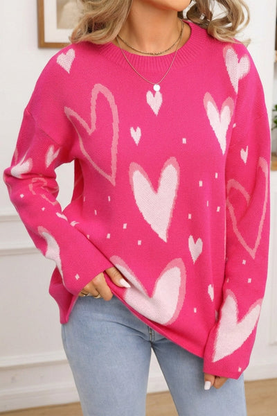 Women's Fuchsia Heart Intarsia Knit Sweater with Relaxed Fit