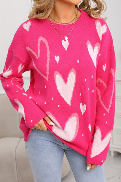 Women's Fuchsia Heart Intarsia Knit Sweater with Relaxed Fit