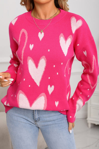 Women's Fuchsia Heart Intarsia Knit Sweater with Relaxed Fit
