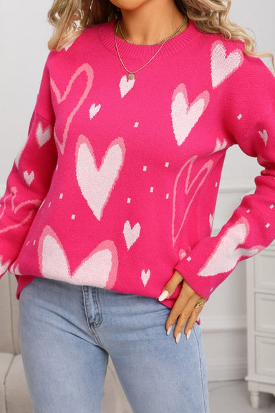 Women's Fuchsia Heart Intarsia Knit Sweater with Relaxed Fit