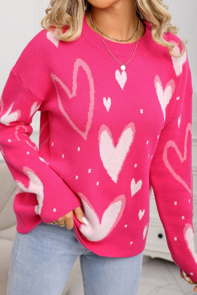 Women's Fuchsia Heart Intarsia Knit Sweater with Relaxed Fit