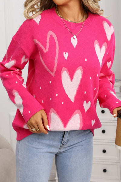 Women's Fuchsia Heart Intarsia Knit Sweater with Relaxed Fit