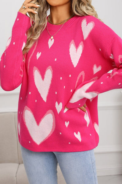 Women's Fuchsia Heart Intarsia Knit Sweater with Relaxed Fit
