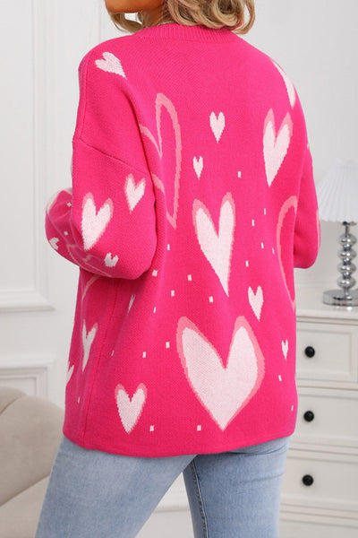 Women's Fuchsia Heart Intarsia Knit Sweater with Relaxed Fit