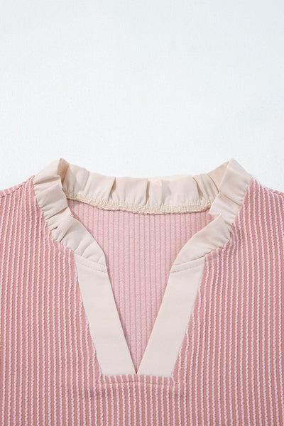 Women's Fuchsia Ribbed Plus Size Blouse with Frilled Ruffle Neckline
