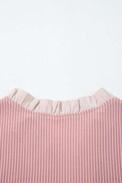 Women's Fuchsia Ribbed Plus Size Blouse with Frilled Ruffle Neckline