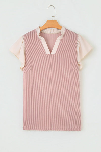 Women's Fuchsia Ribbed Plus Size Blouse with Frilled Ruffle Neckline
