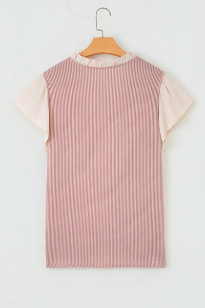 Women's Fuchsia Ribbed Plus Size Blouse with Frilled Ruffle Neckline