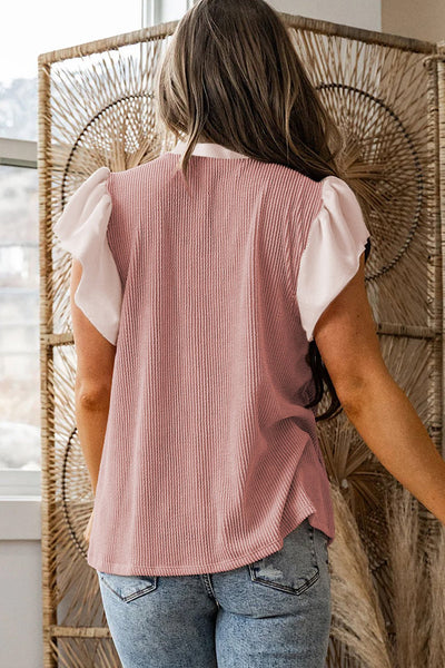 Women's Fuchsia Ribbed Plus Size Blouse with Frilled Ruffle Neckline