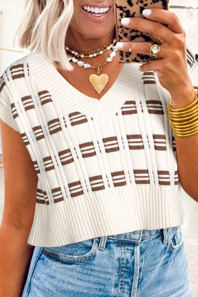 Women's Geometric Knit V-Neck Cropped Sweater Vest in Cream
