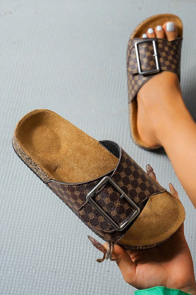Women's Geometric Print Coffee Buckle Slide Sandals