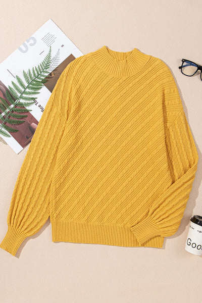 Women's Ginger High Neck Cable Texture Knit Sweater with Drop Shoulders