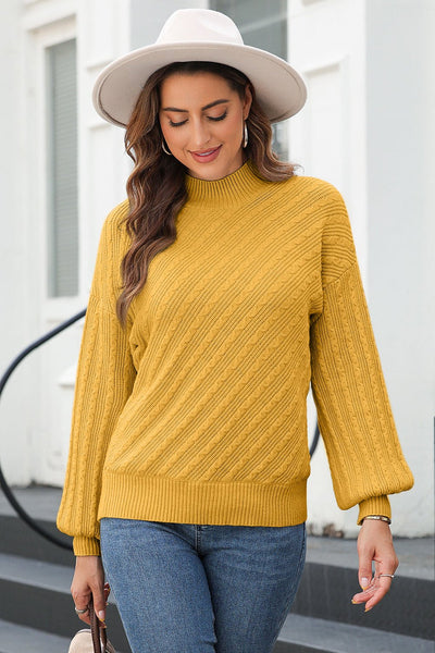 Women's Ginger High Neck Cable Texture Knit Sweater with Drop Shoulders