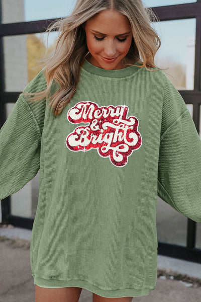 Women's Grass Green Ribbed Sequin Holiday Sweatshirt