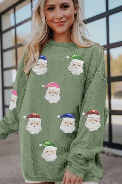 Women's Grass Green Santa Claus Graphic Corded Sweatshirt