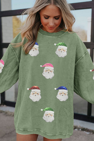 Women's Grass Green Santa Claus Graphic Corded Sweatshirt