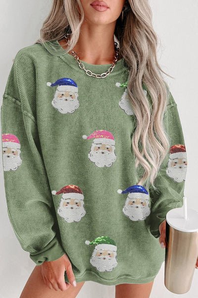 Women's Grass Green Santa Claus Graphic Corded Sweatshirt