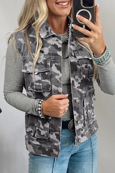 Women's Gray Camo Denim Cargo Vest with Utility Pockets