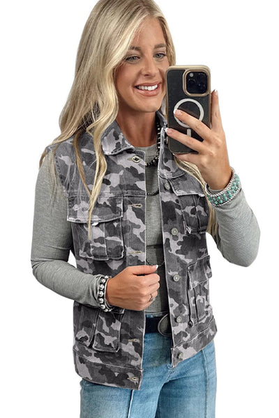 Women's Gray Camo Denim Cargo Vest with Utility Pockets