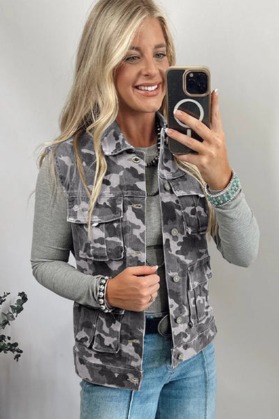 Women's Gray Camo Denim Cargo Vest with Utility Pockets