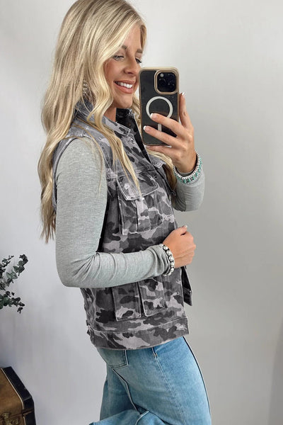 Women's Gray Camo Denim Cargo Vest with Utility Pockets