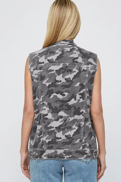 Women's Gray Camo Denim Cargo Vest with Utility Pockets