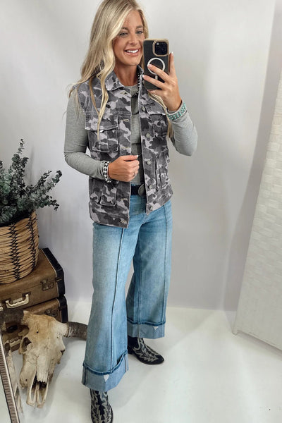 Women's Gray Camo Denim Cargo Vest with Utility Pockets