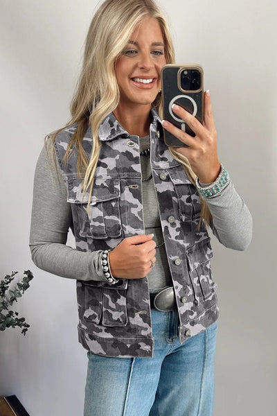 Women's Gray Camo Denim Cargo Vest with Utility Pockets
