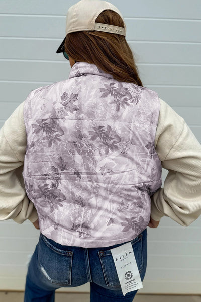 Women's Gray Camo Leaf Print Puffer Vest with High Neck Collar