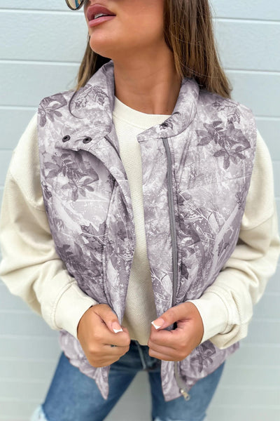 Women's Gray Camo Leaf Print Puffer Vest with High Neck Collar