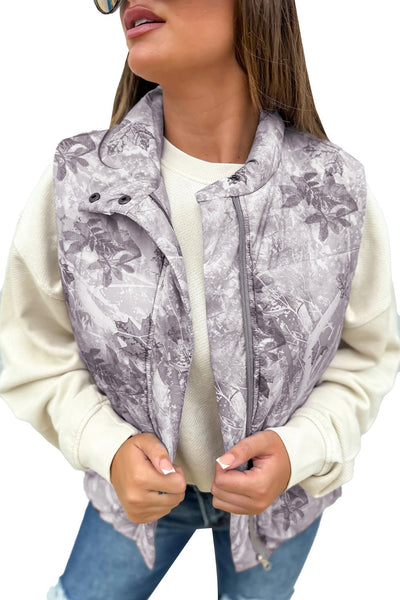 Women's Gray Camo Leaf Print Puffer Vest with High Neck Collar