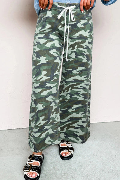 Women's Green Camouflage Wide-Leg Denim Drawstring Pants