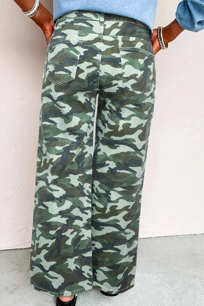 Women's Green Camouflage Wide-Leg Denim Drawstring Pants