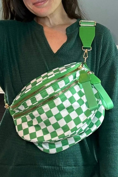 Women's Green Checkered Nylon Crossbody Bag with Wide Strap