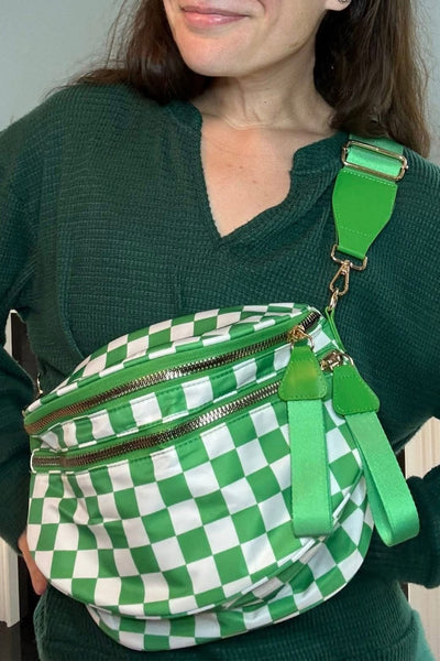 Women's Green Checkered Nylon Crossbody Bag with Wide Strap