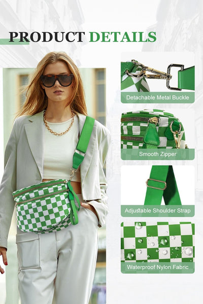 Women's Green Checkered Nylon Crossbody Bag with Wide Strap