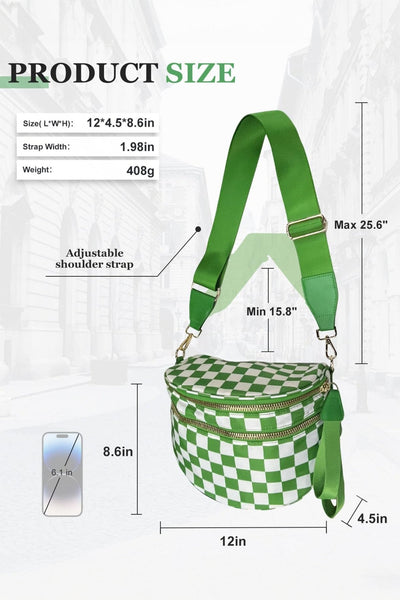 Women's Green Checkered Nylon Crossbody Bag with Wide Strap